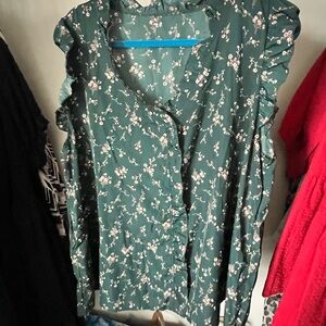 Floral Green Ruffle Sleeve Top
